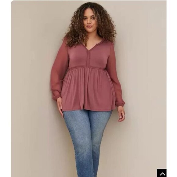 torrid Tops - Torrid Babydoll Fabric Mix Super Soft Balloon Chiffon Sleeve Top Mauve Pink 4X